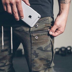 Camouflage cargo swear shorts.